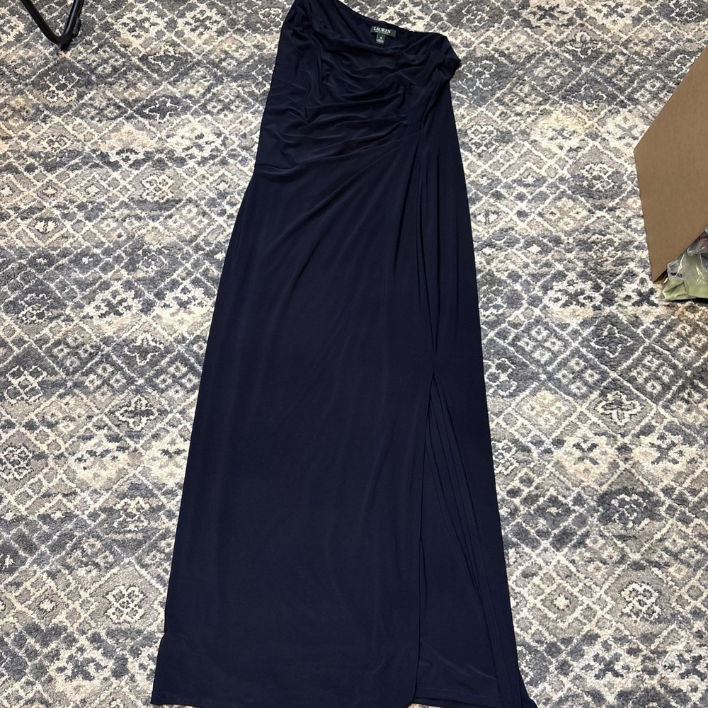 Lauren Ralph Lauren Evening Gown Navy Blue 10 One Shoulder Jeweled Brooch Ruched